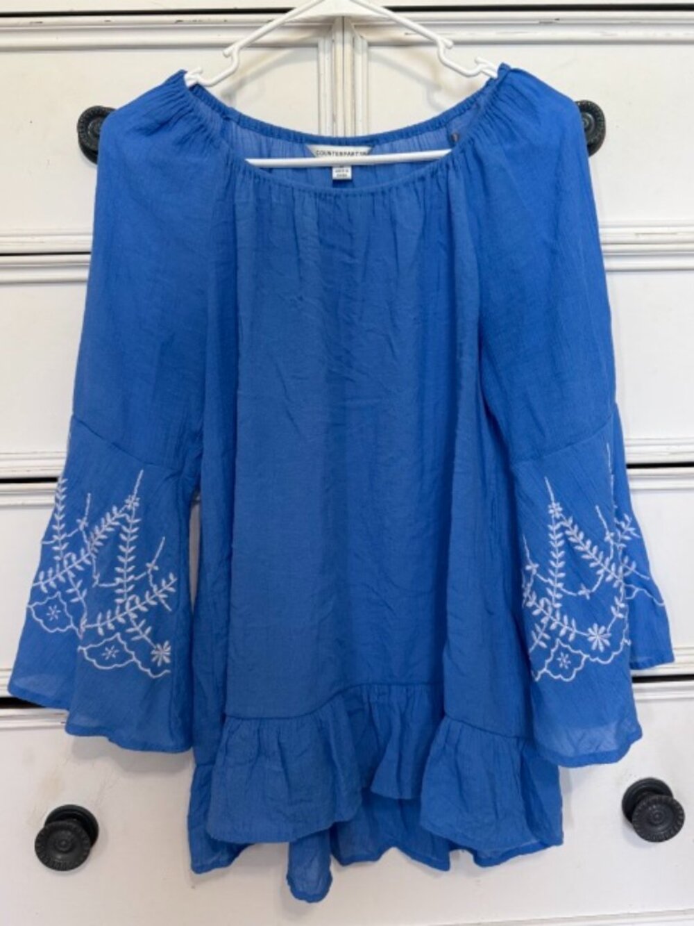 Counterparts blue flowy shirt with white embroidery size Medium